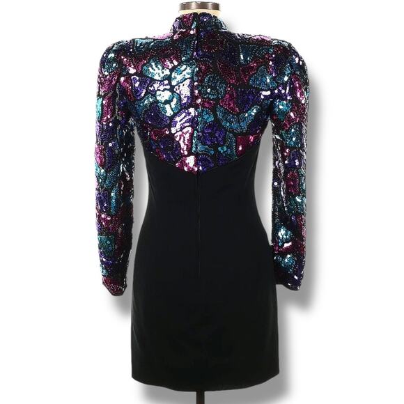 1990s Vintage Lillie Rubin Sequin Embellished LS Cocktail Mini Party Dress Sz 6 - Picture 2 of 3